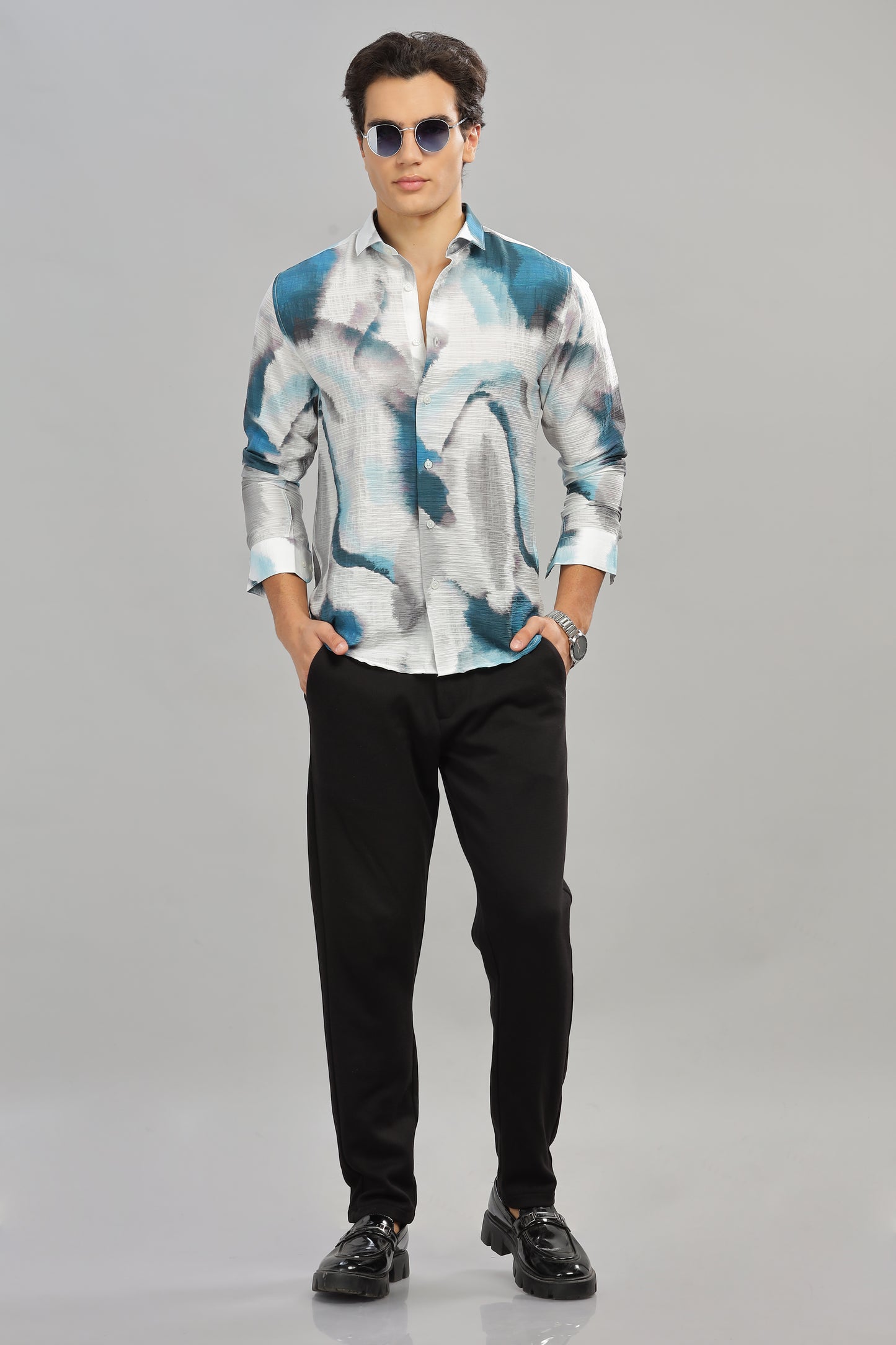 Oldlove Blue Abstarct Casual Print Shirt
