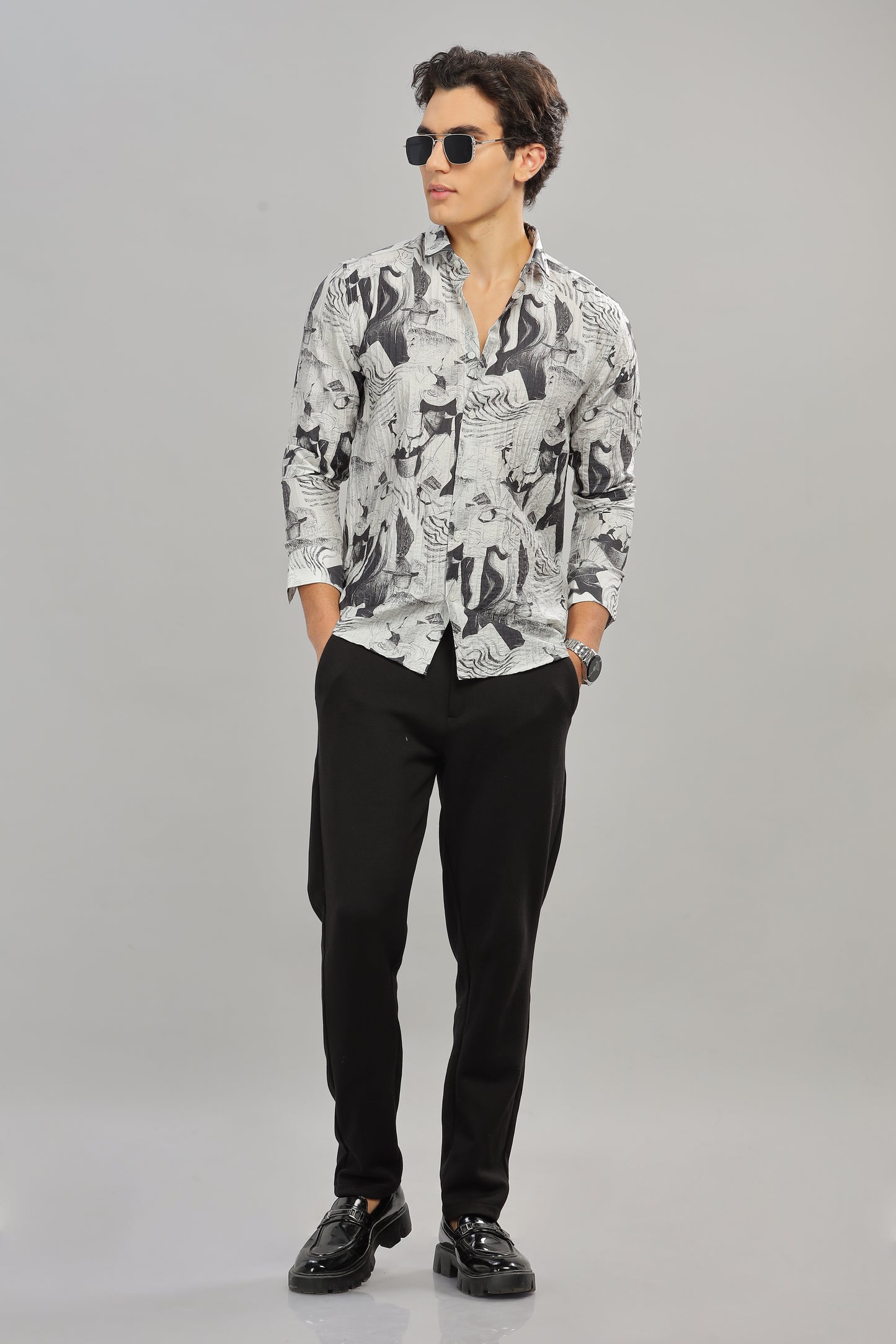 Oldlove Gray Abstract Print Shirt