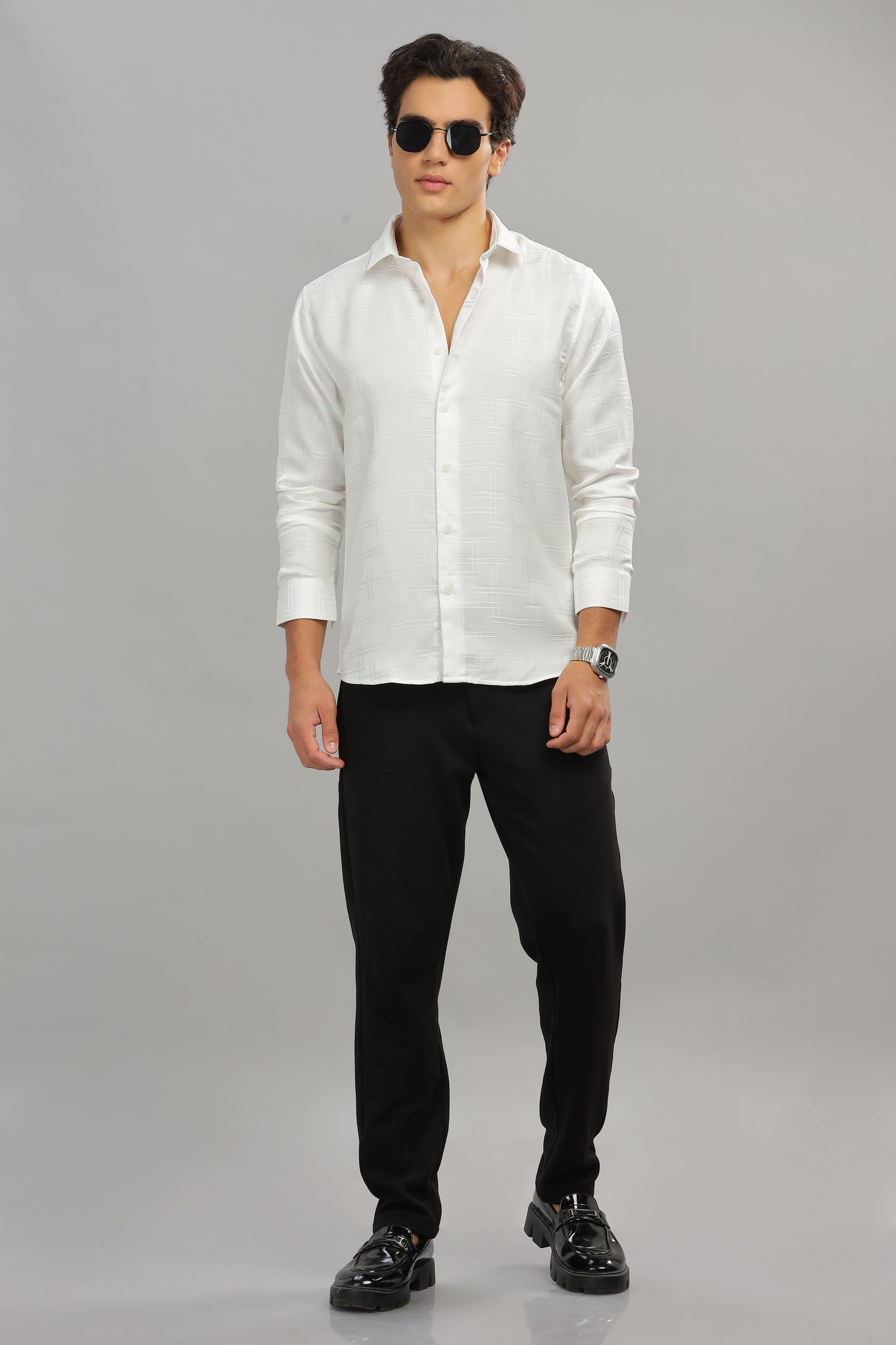 White Stripes Satin Self-Textured Shirt