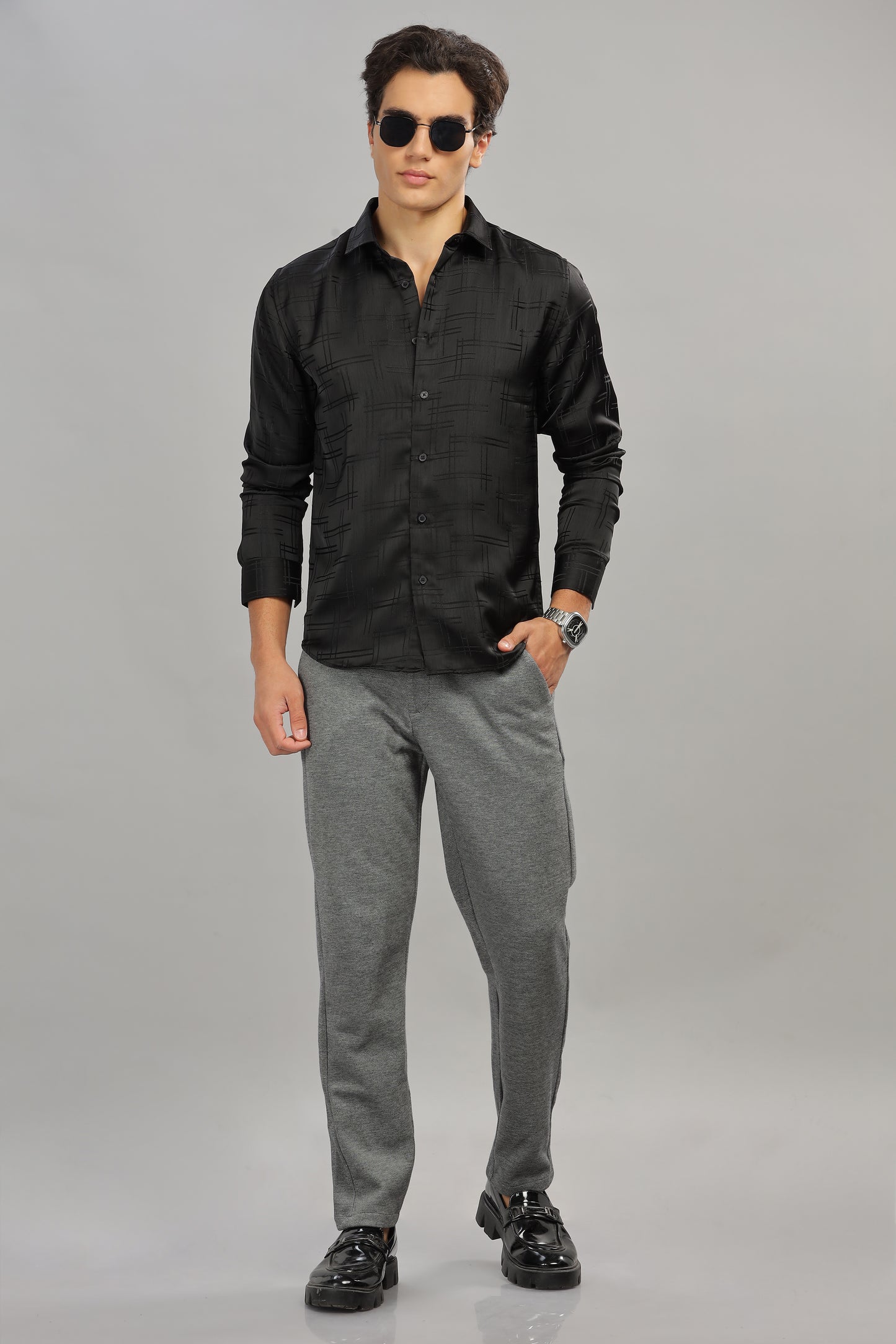 Black Stripes Satin Self-Textured Shirt