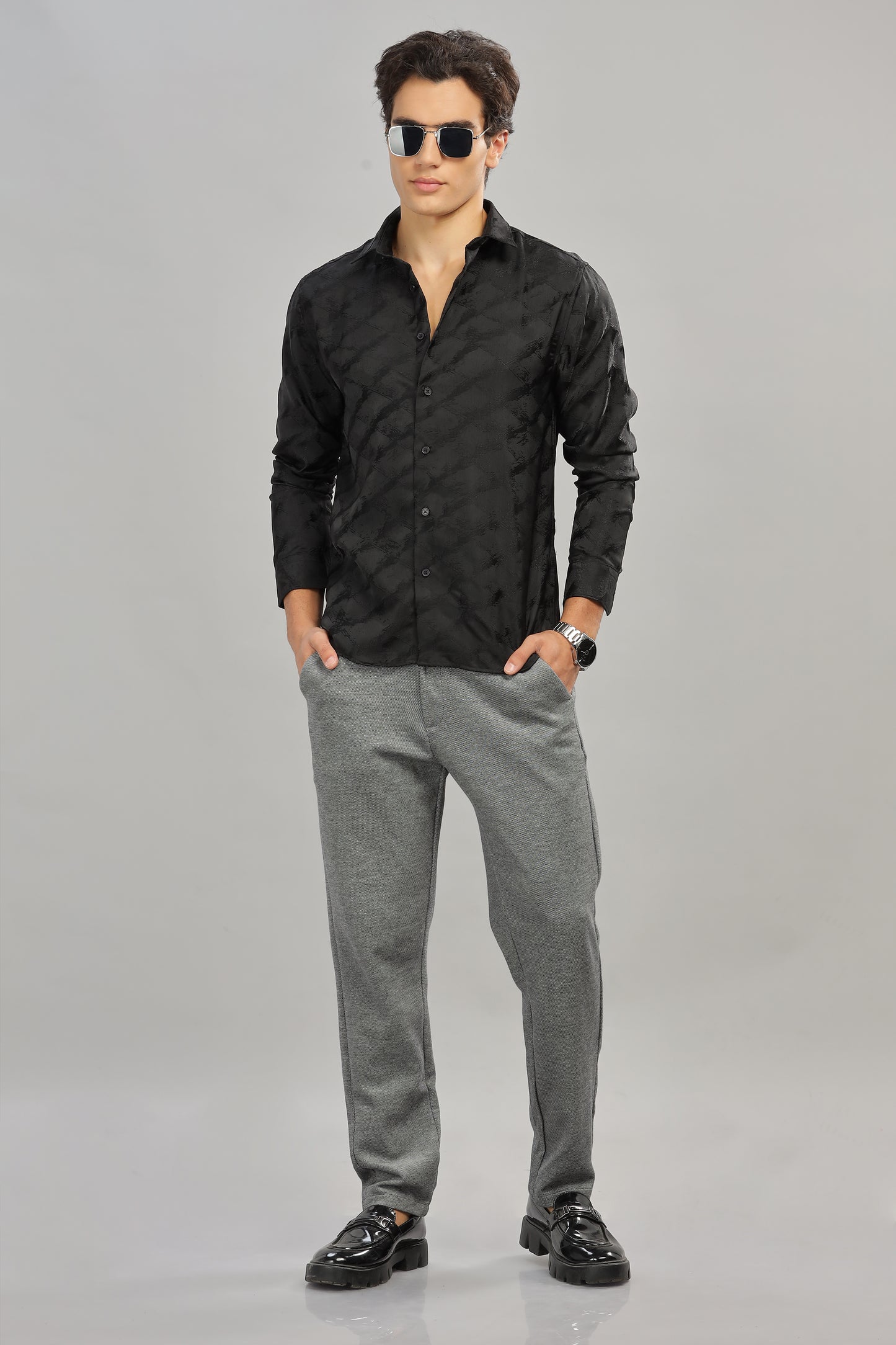 Black Oldlove Satin Self-Textured Shirt