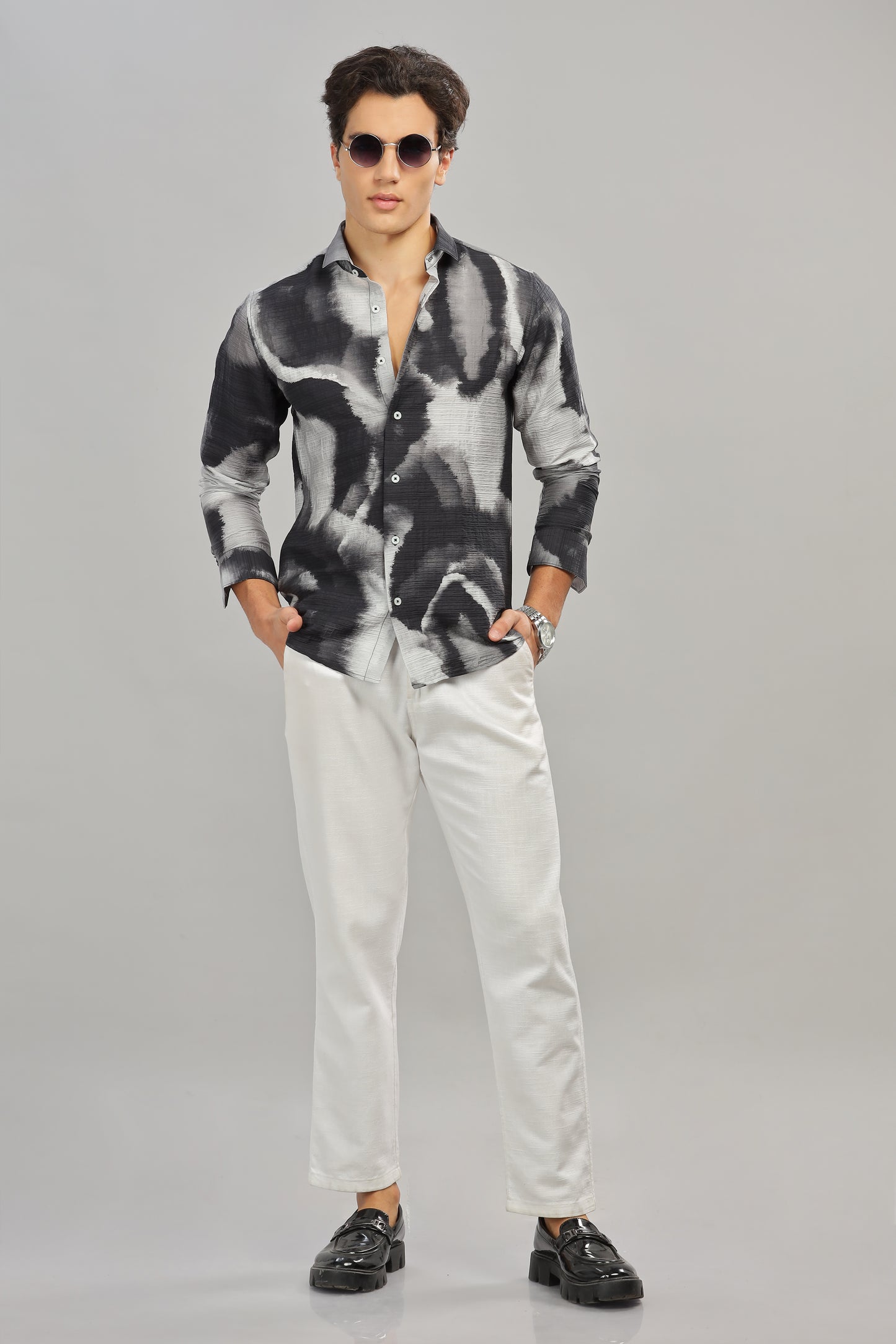 Mens Black|Gray Abstract Print Casual Shirt