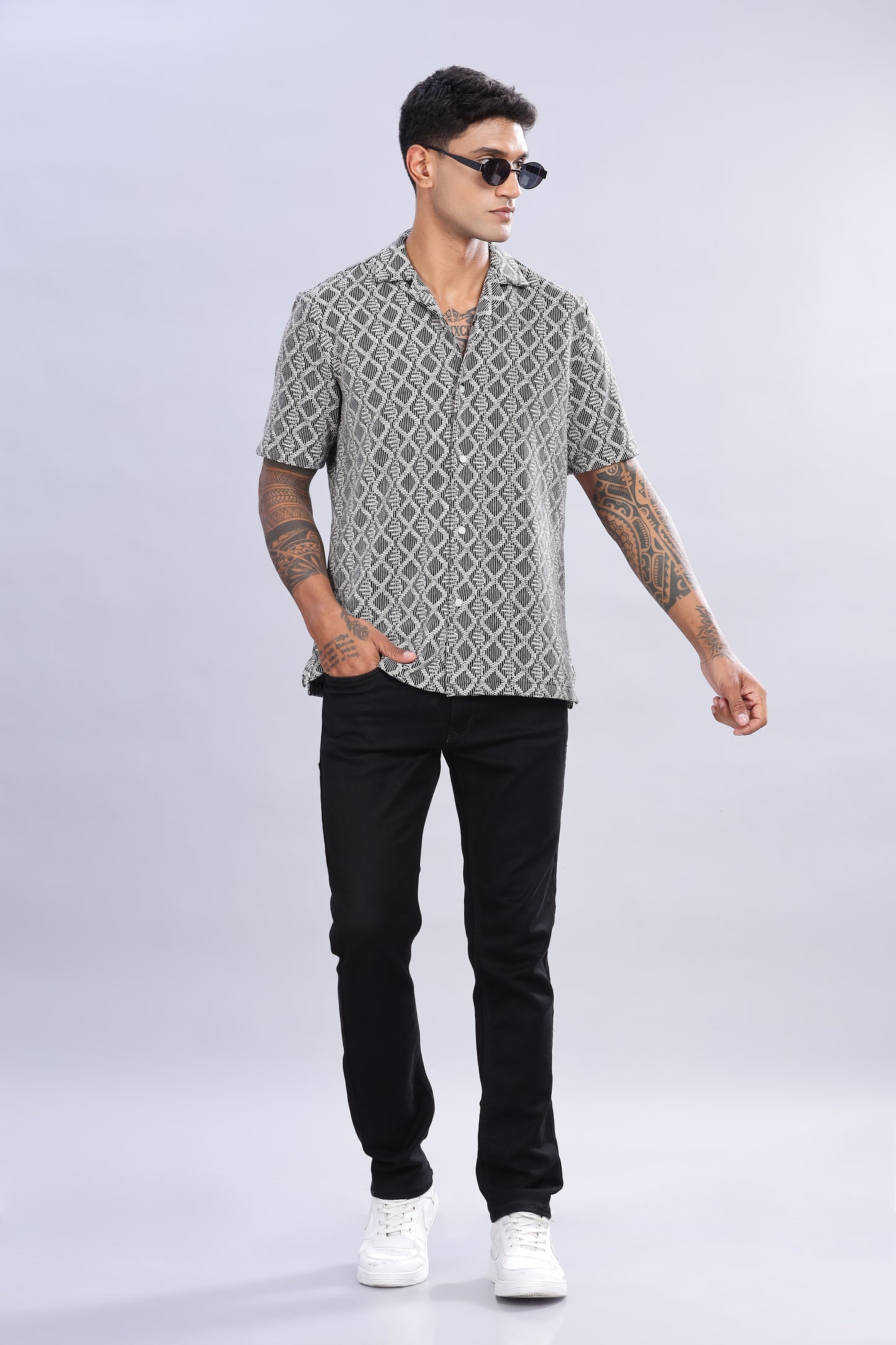 Oldlove Half-Sleeve Black Self Design Shirt