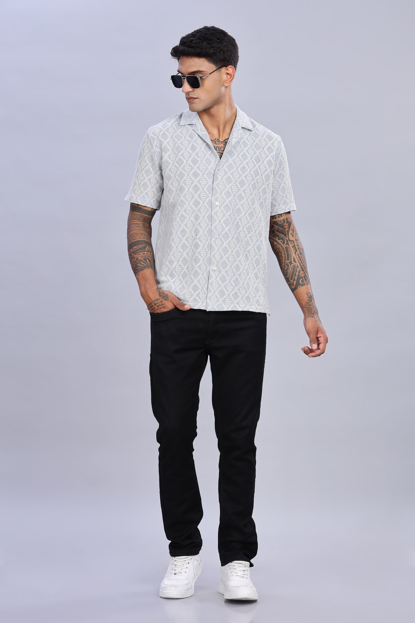 Oldlove Half-Sleeve Blue Self Design Shirt