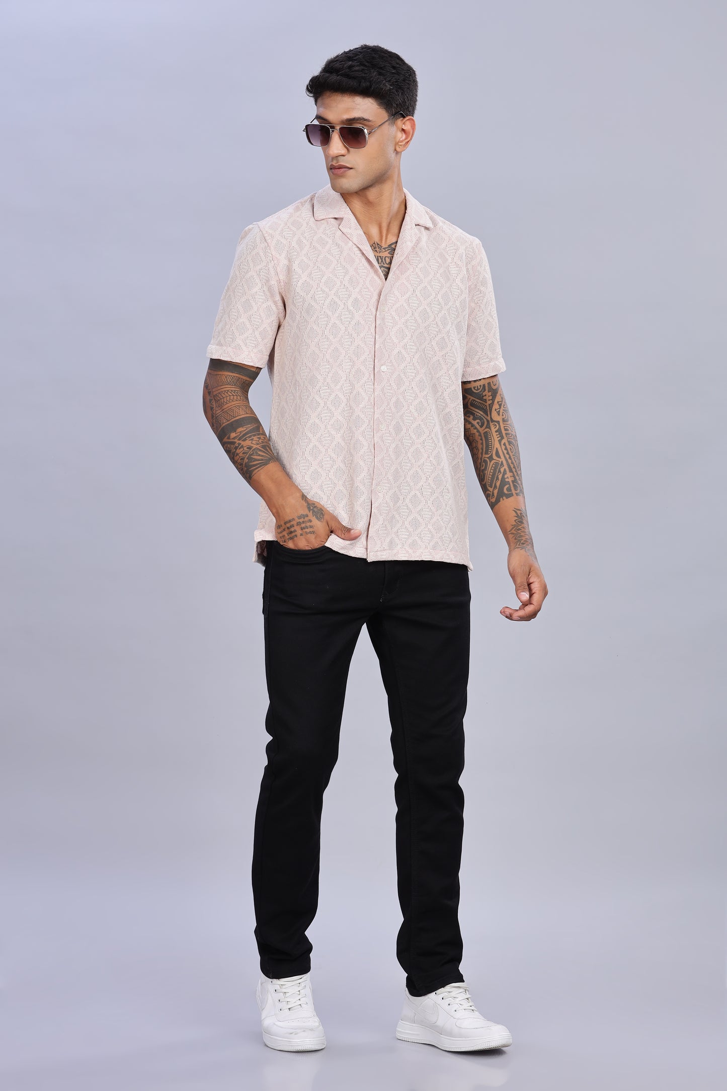 Oldlove Half-Sleeve Pink Self Design Shirt