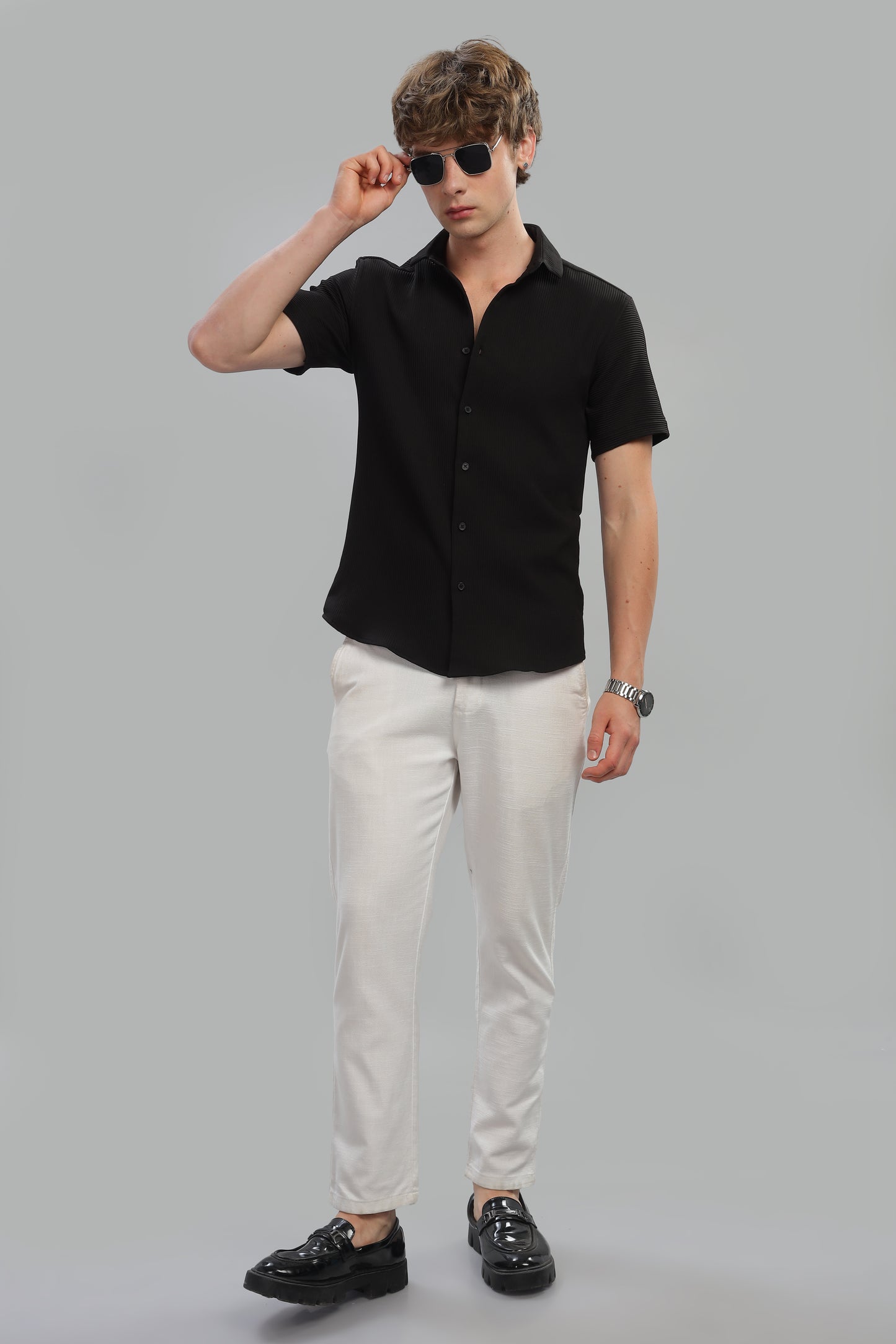Oldlove Woven Strip Black Shirt