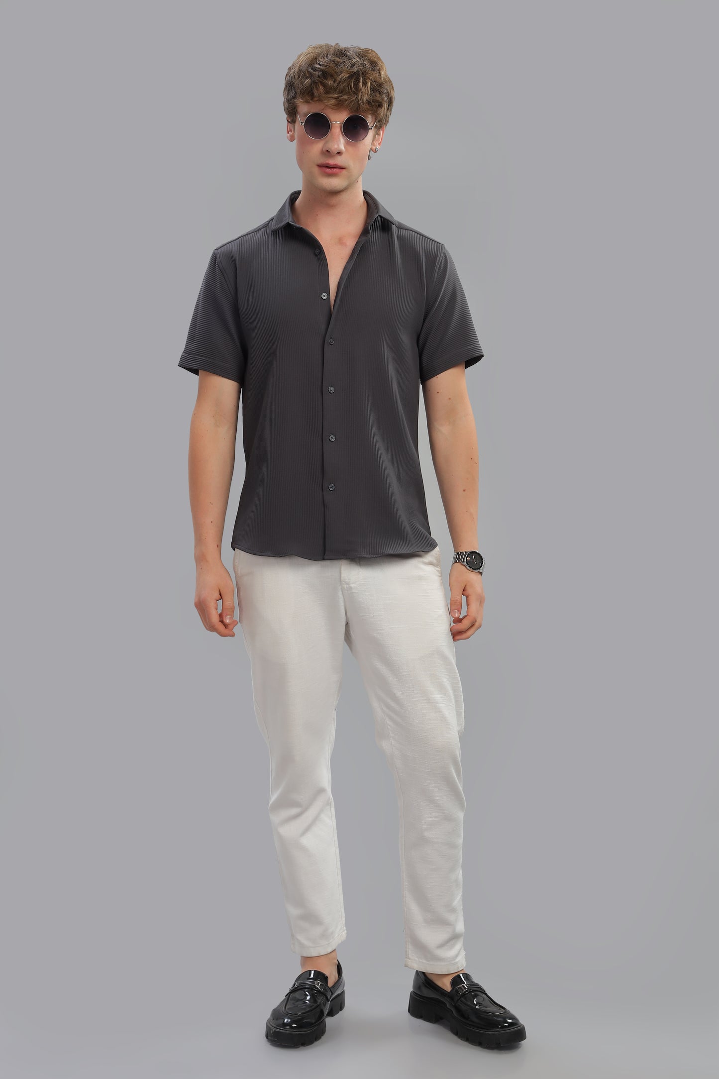 Oldlove Woven Strip Dark grey Shirt