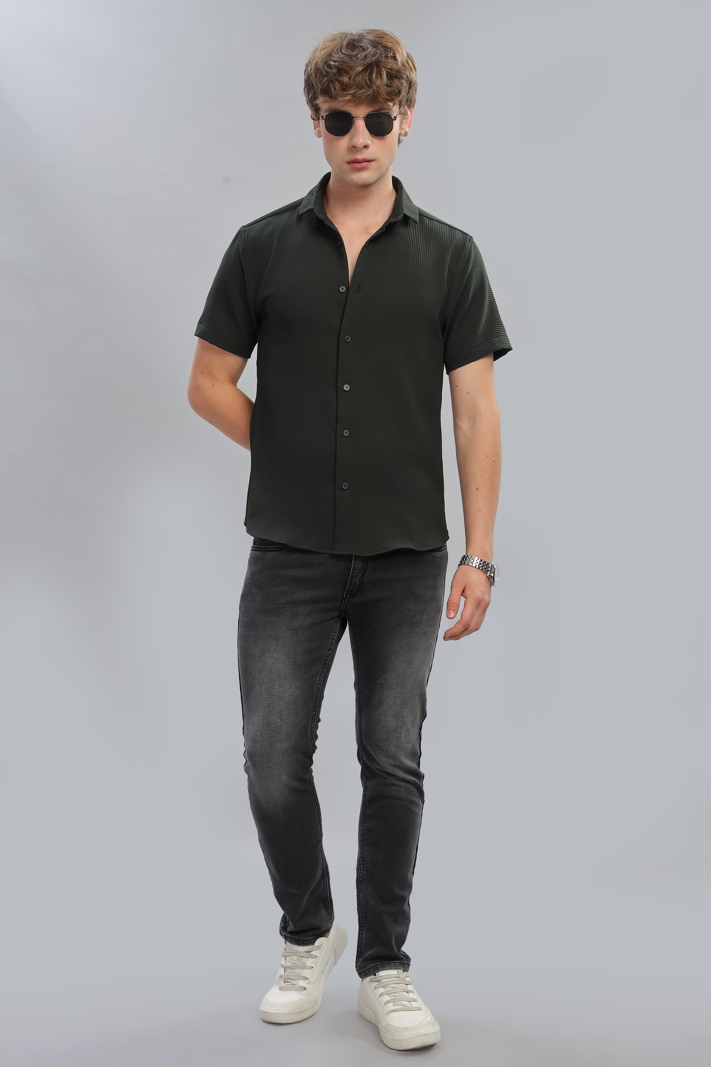 Oldlove Woven Strip Pine green Shirt