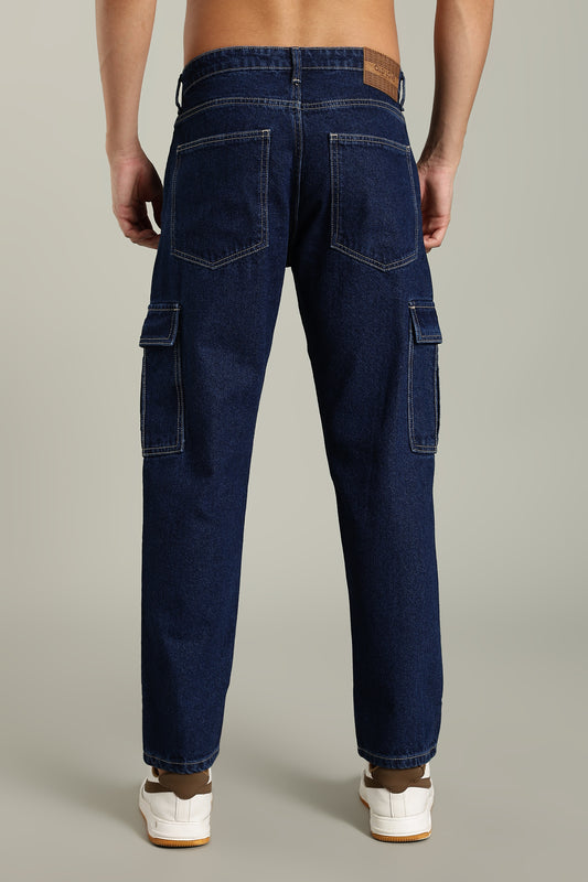 Oldlove Dark Blue Relaxed-Fit Denim Cargo Pants