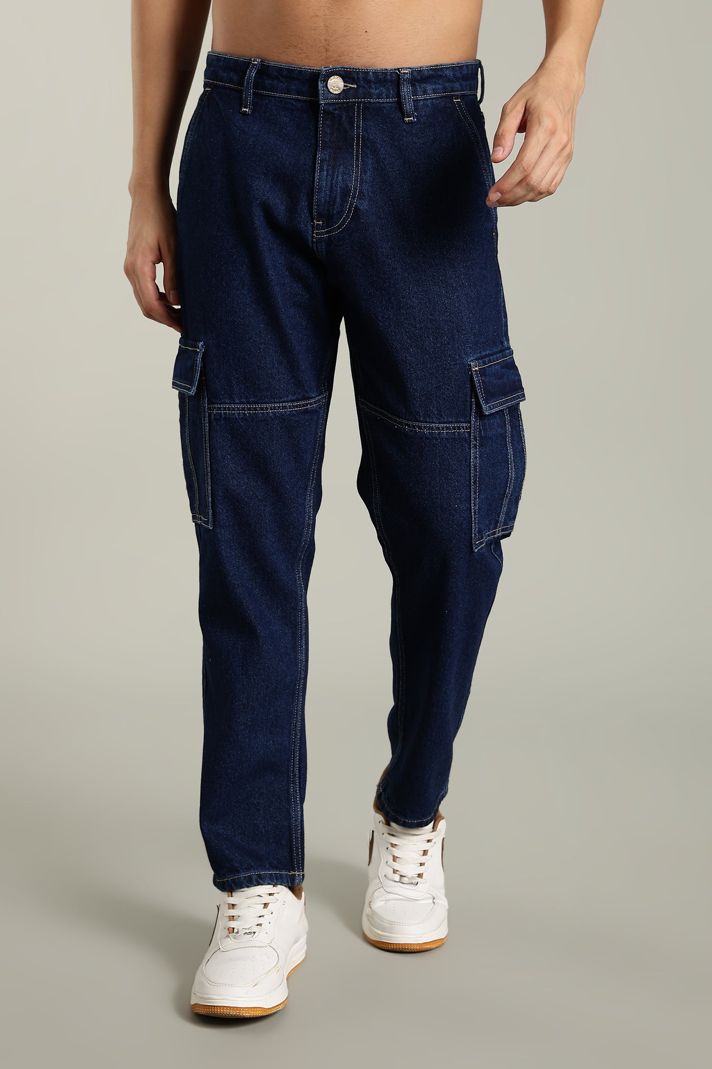 Oldlove Dark Blue Relaxed-Fit Denim Cargo Pants