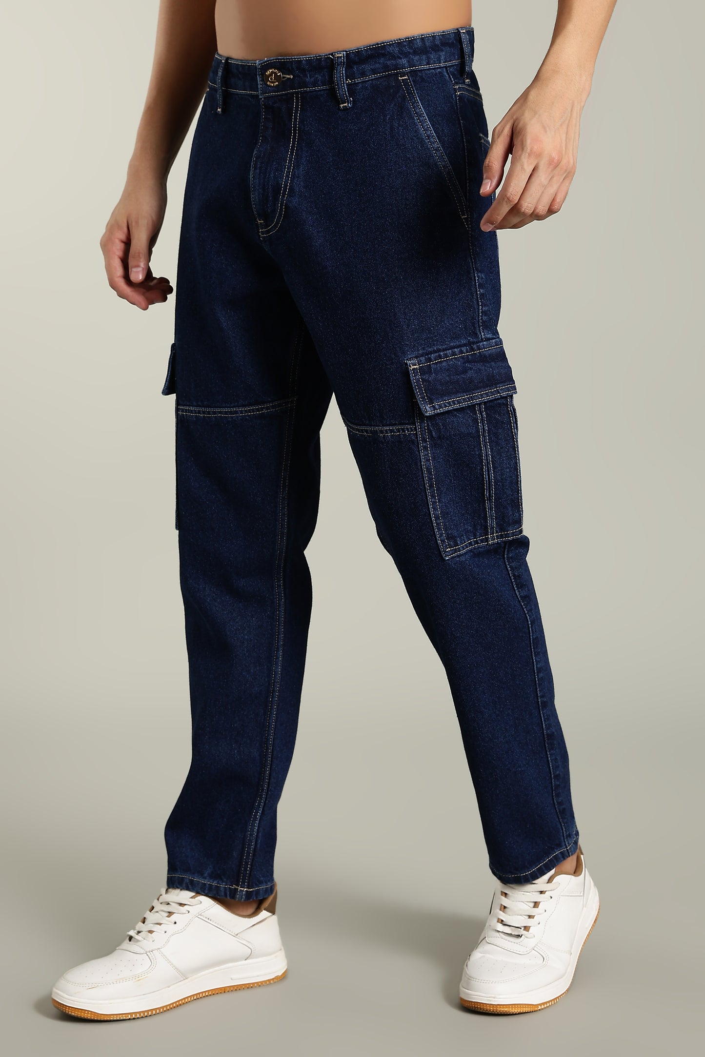 Oldlove Dark Blue Relaxed-Fit Denim Cargo Pants