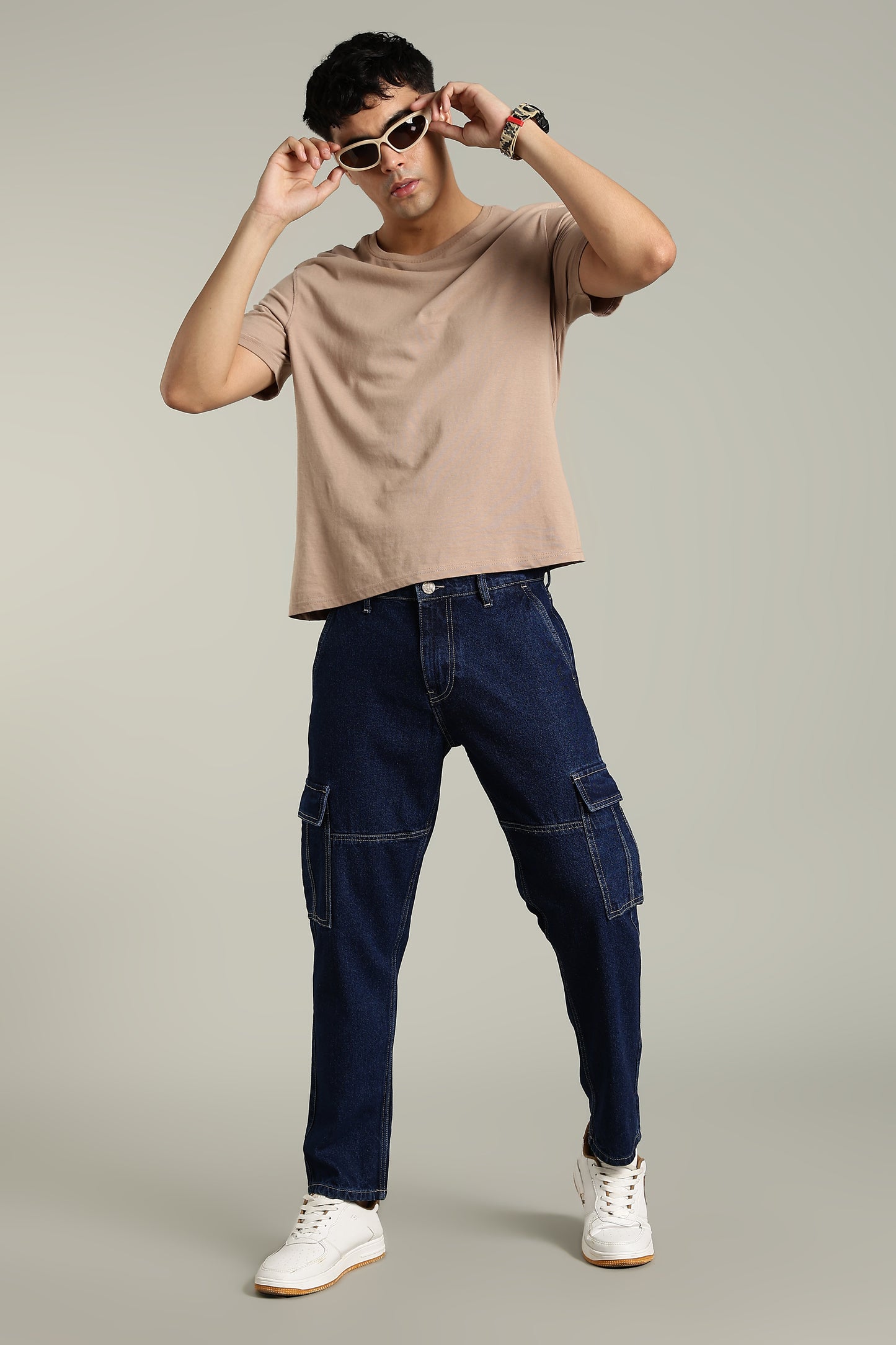 Oldlove Dark Blue Relaxed-Fit Denim Cargo Pants