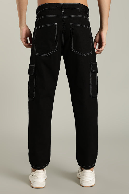 Oldlove Black Denim Cargo Pants with Contrast Stitching