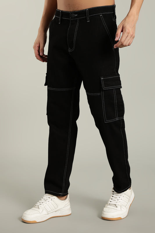 Oldlove Black Denim Cargo Pants with Contrast Stitching