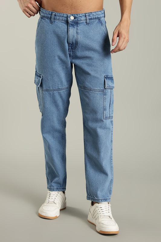 Oldlove Light Blue Relaxed-Fit Denim Cargo Pants
