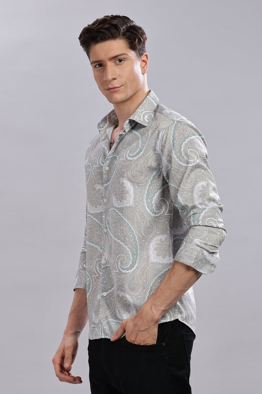 Grey Paisley Print Satin Shirt