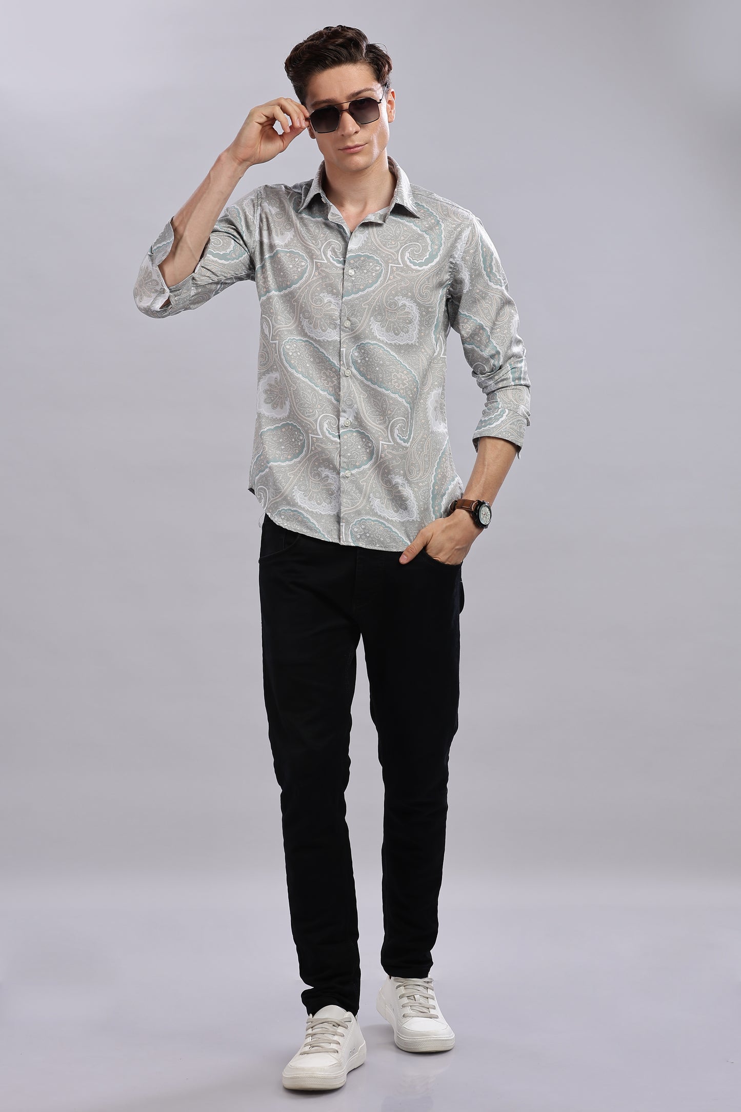 Grey Paisley Print Satin Shirt