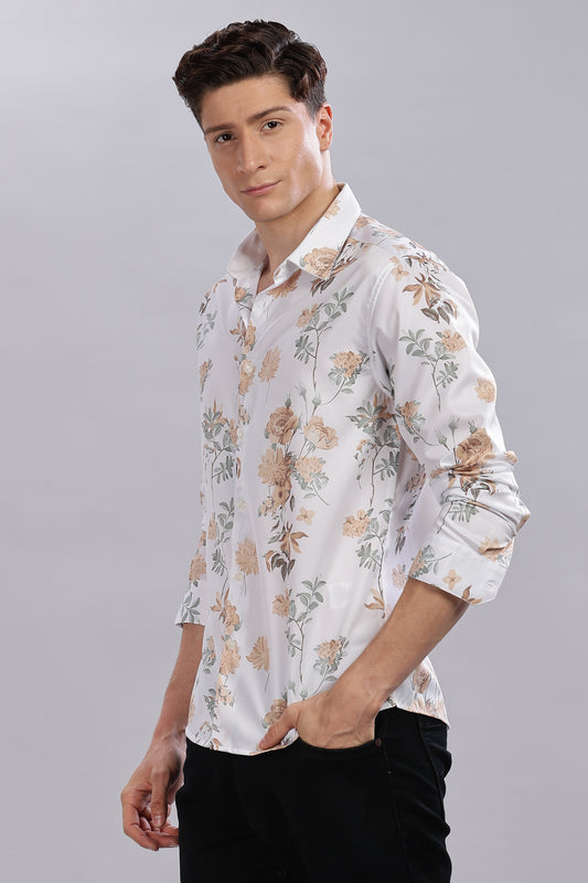 Beige Floral Print Satin Shirt