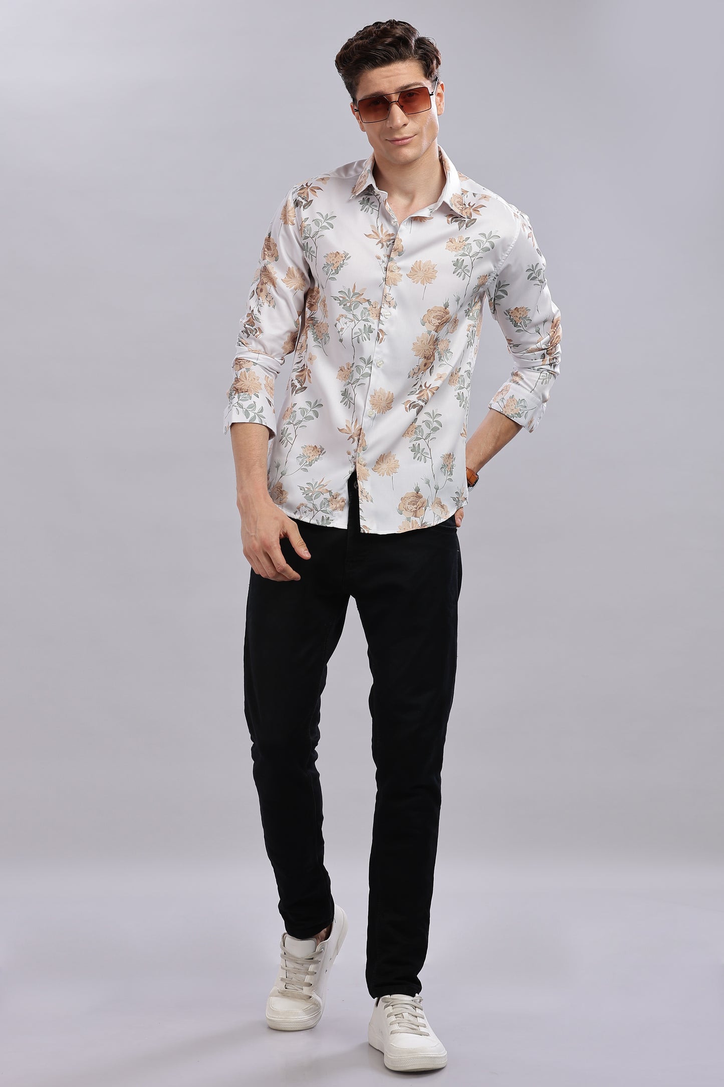 Beige Floral Print Satin Shirt