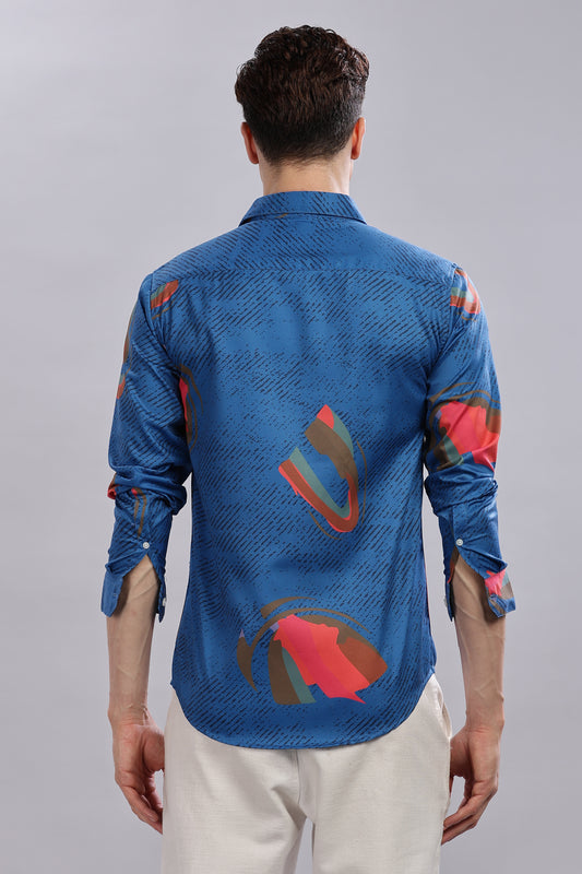 Blue Abstract Satin Print Shirt.