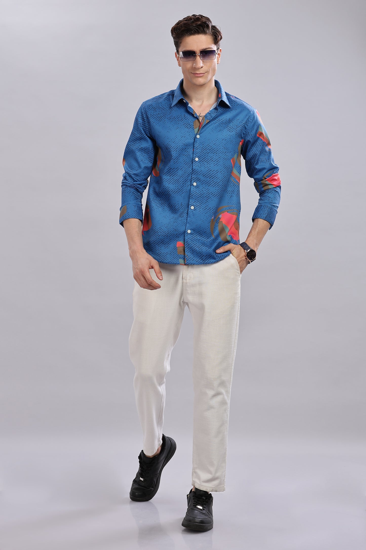 Blue Abstract Satin Print Shirt.