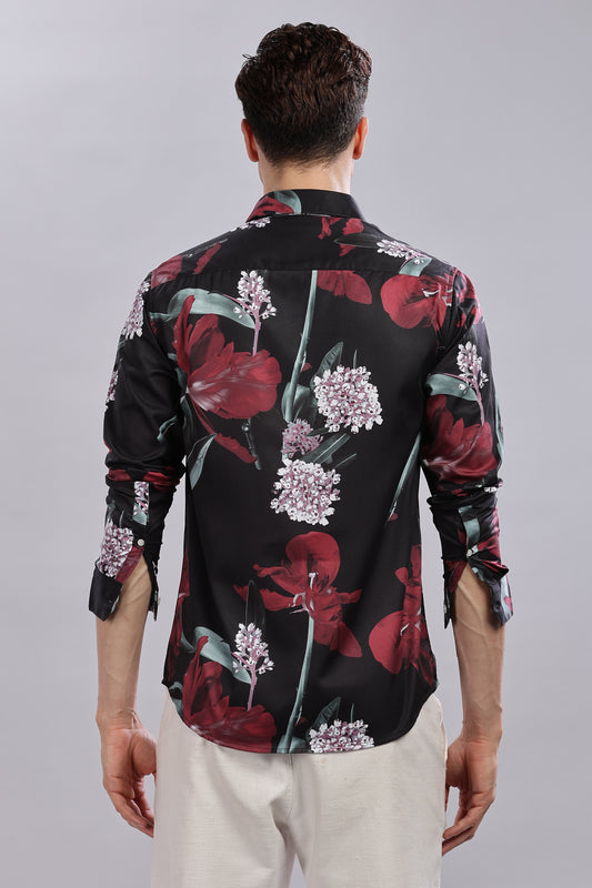 Floral Black Satin Printed Shirt