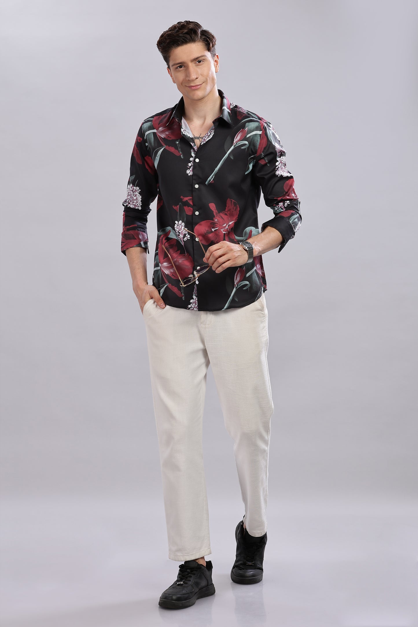 Floral Black Satin Printed Shirt
