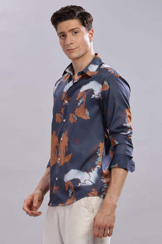 Blue Abstract Print Satin Shirt