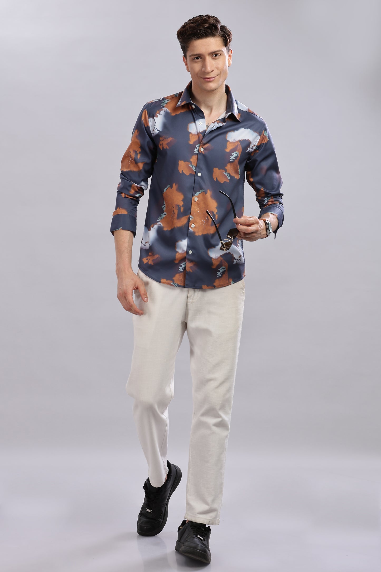 Blue Abstract Print Satin Shirt