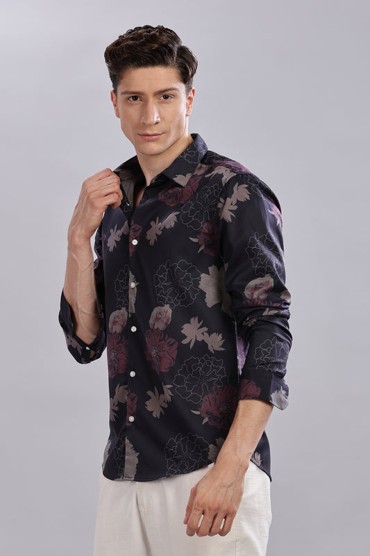 Black Floral Satin Print Shirt