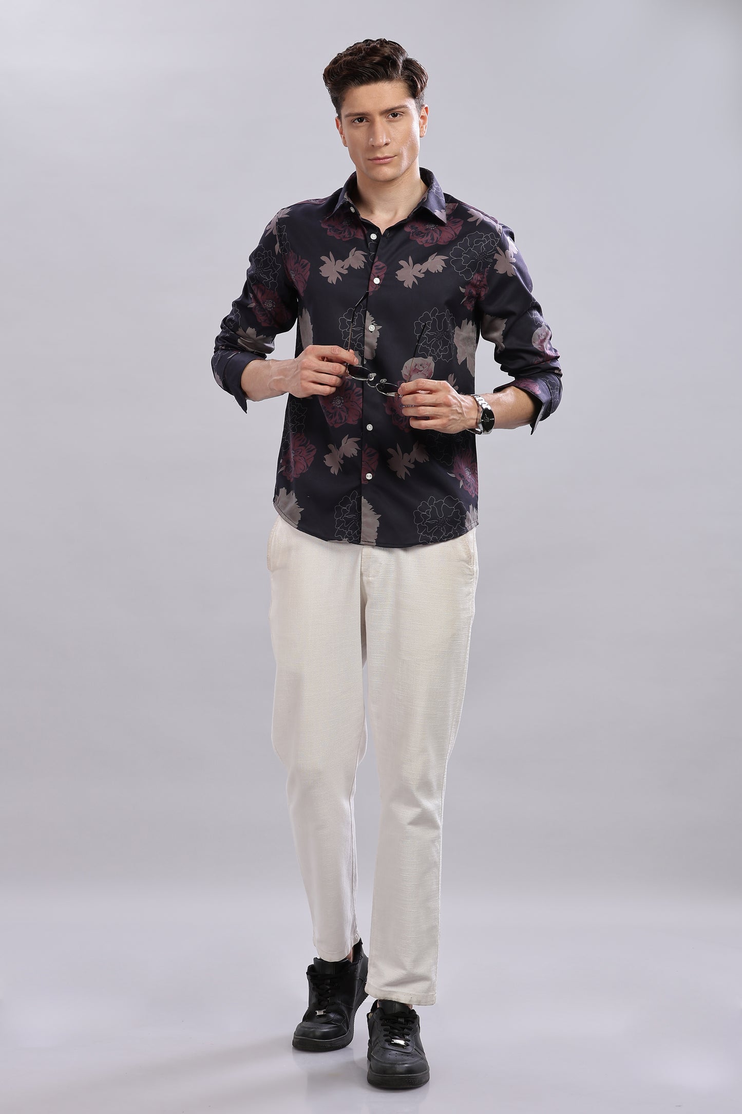 Black Floral Satin Print Shirt