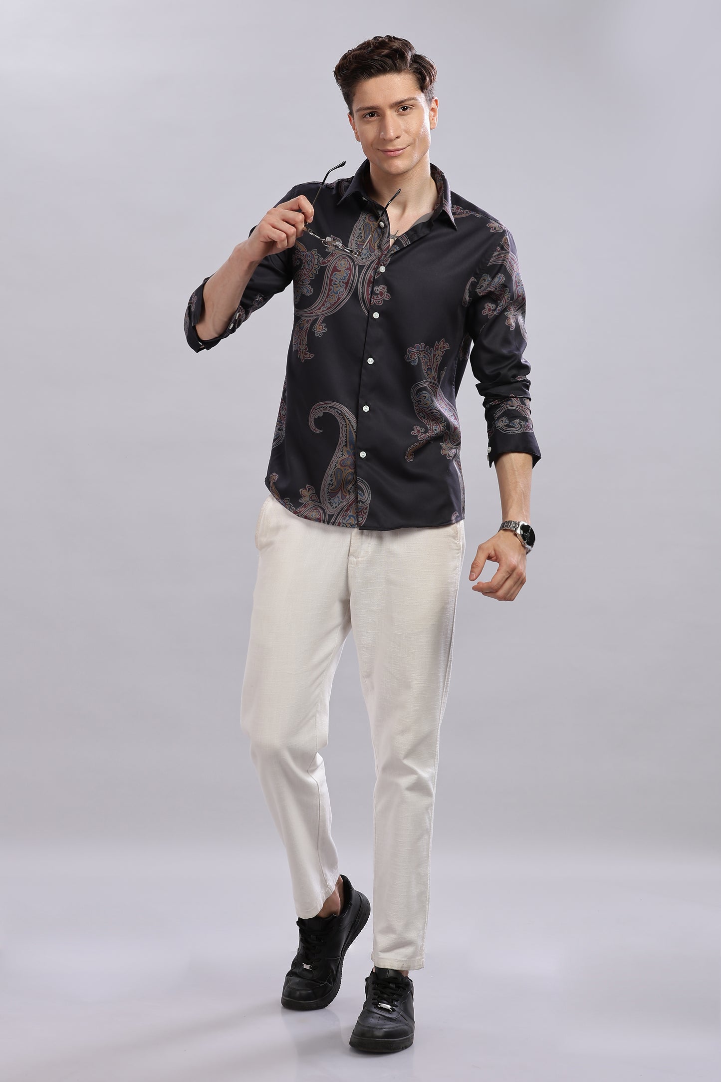Black Paisley Satin Printed Shirt