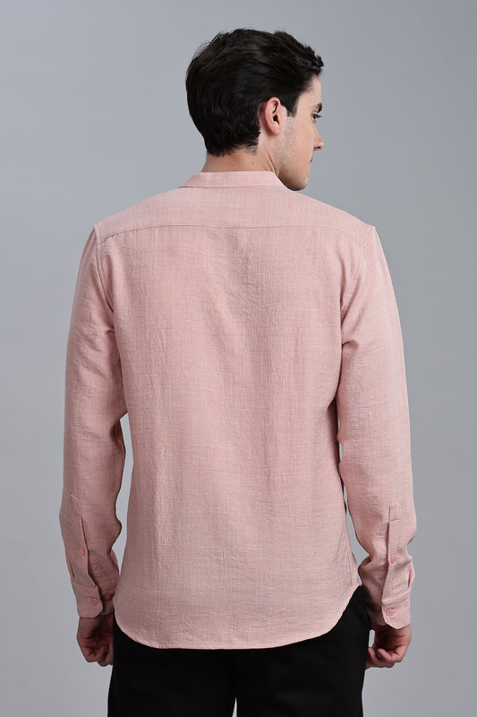 Pink Linen Blend Mandarin Collar Shirt