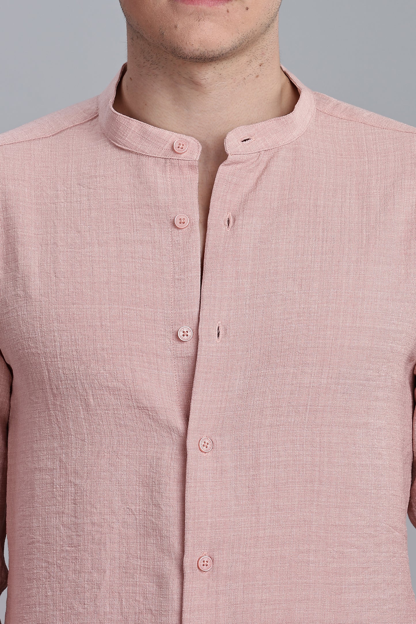 Pink Linen Blend Mandarin Collar Shirt