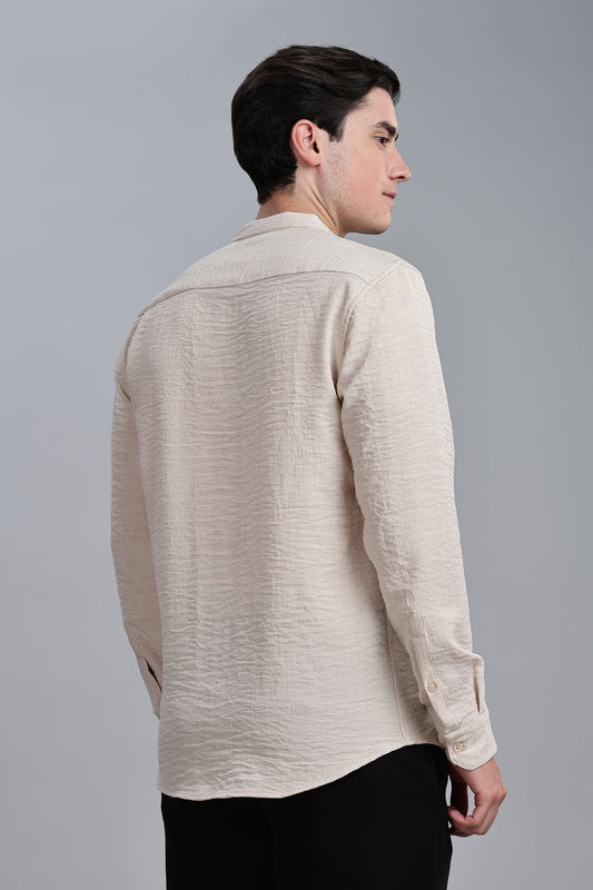 Cream Linen Blend Mandarin Collar Shirt