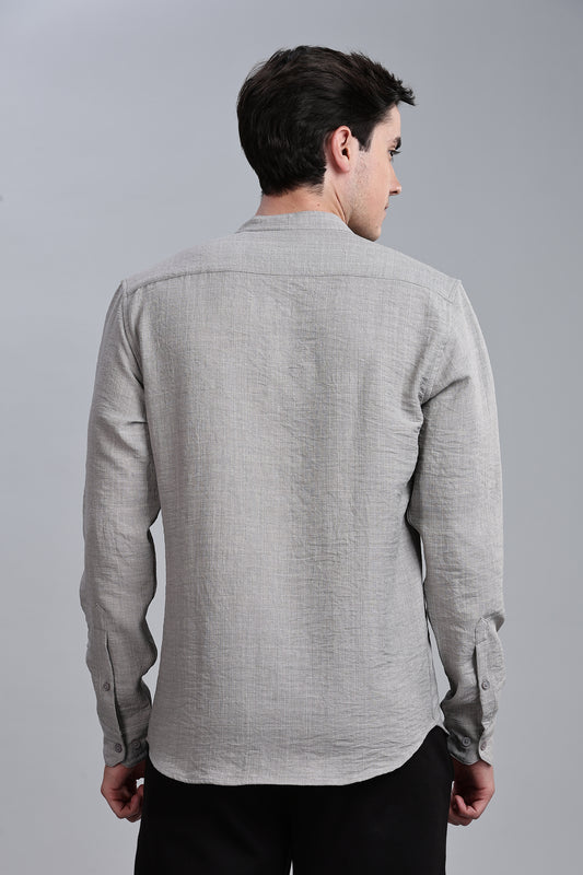 Grey Linen Blend Mandarin Collar Shirt
