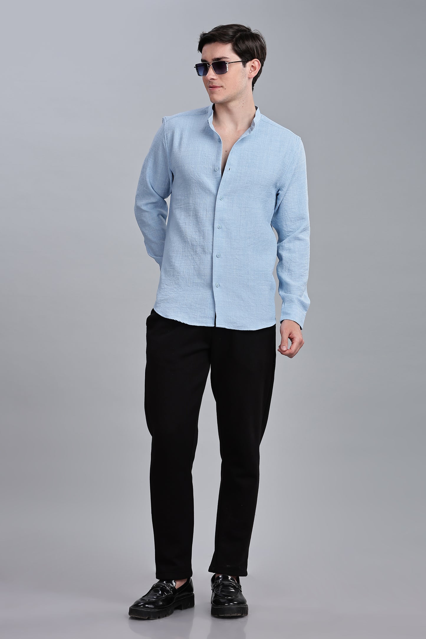 Skyblue Linen Blend Mandarin Collar Shirt