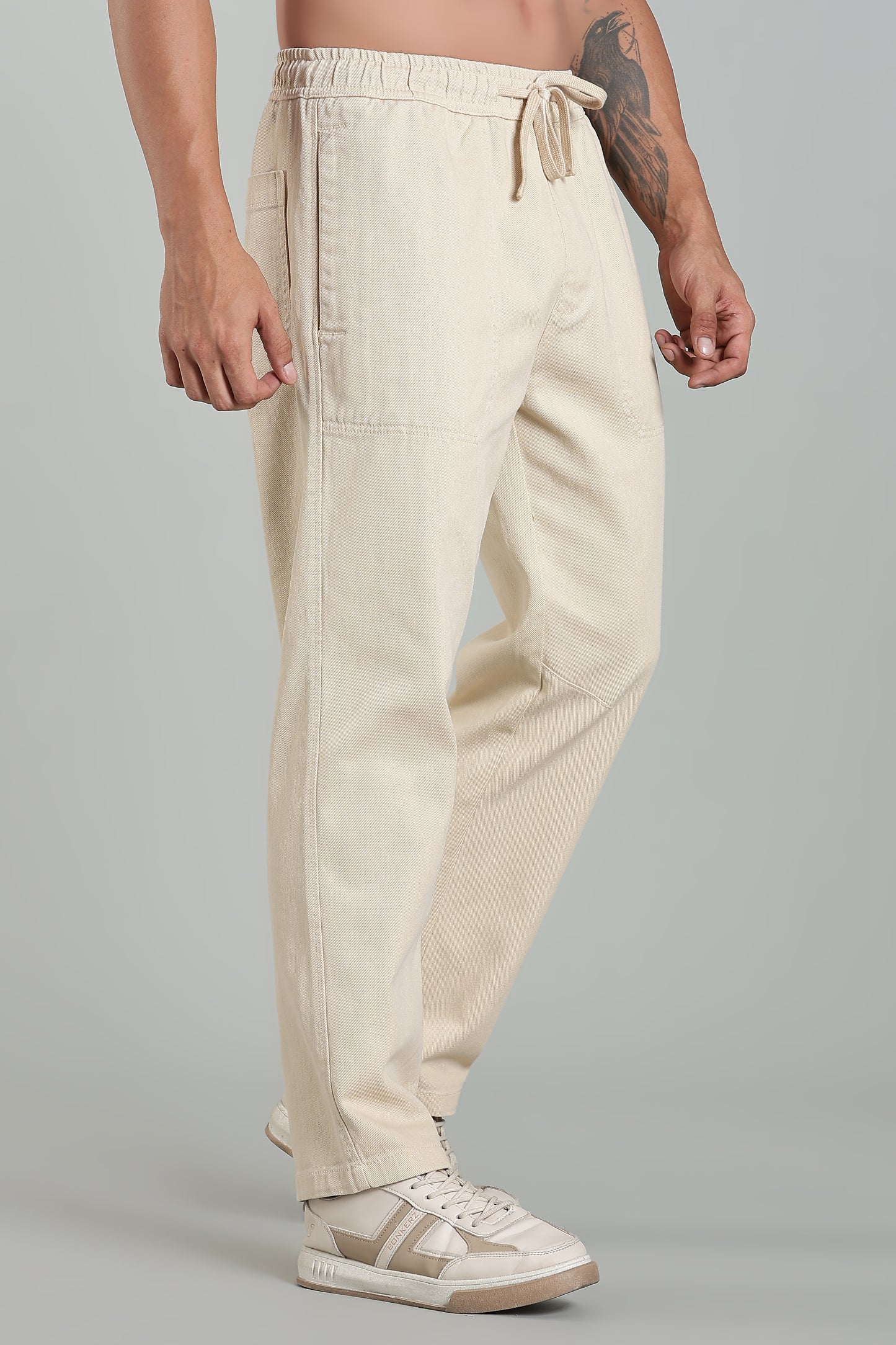 Oldlove Dark Beige Easy-Fit Drawstring Denim Trousers
