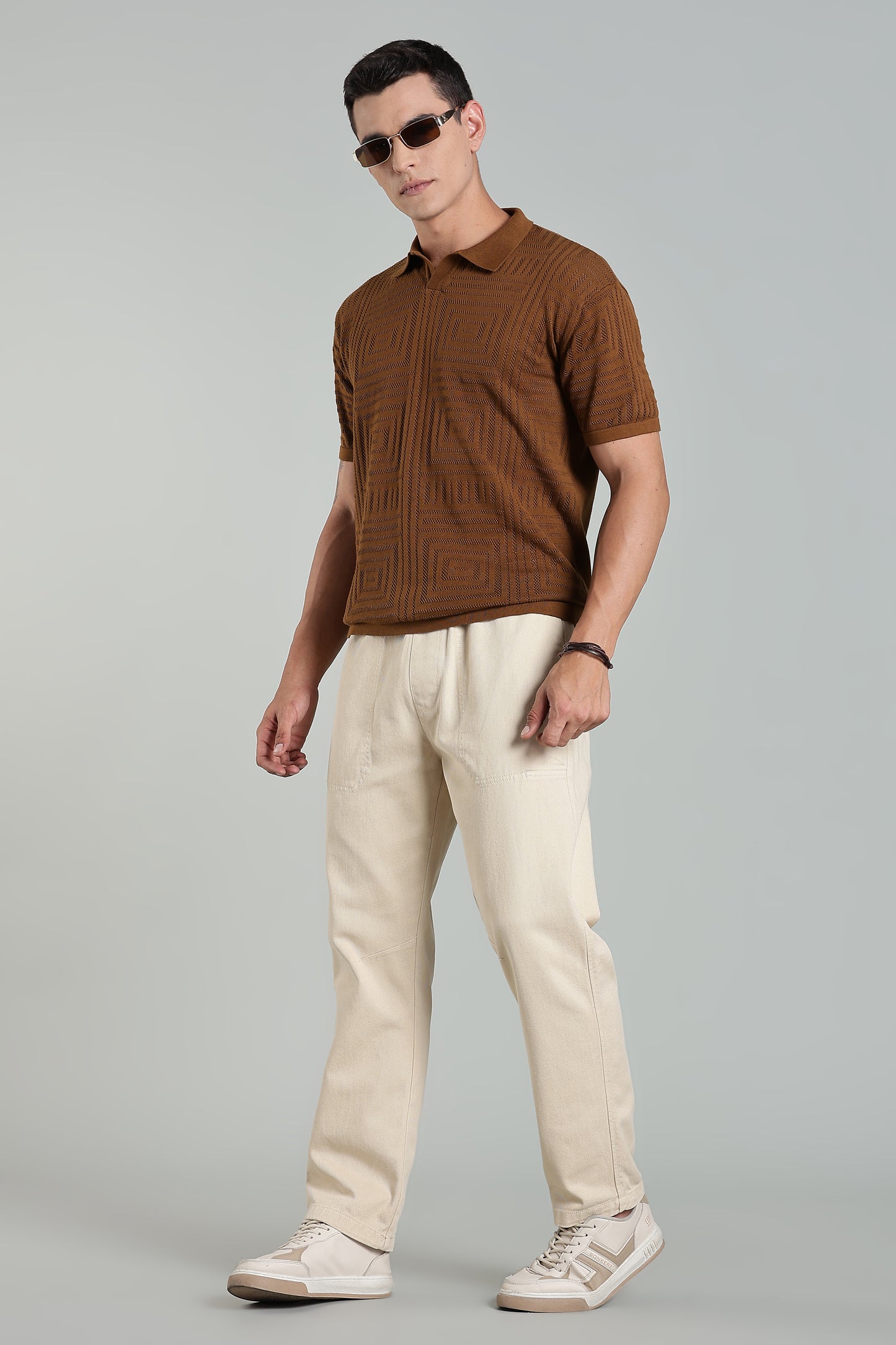 Oldlove Dark Beige Easy-Fit Drawstring Denim Trousers