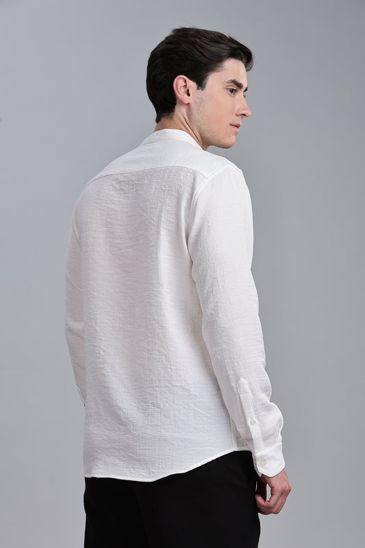 White Linen Blend Mandarin Collar Shirt