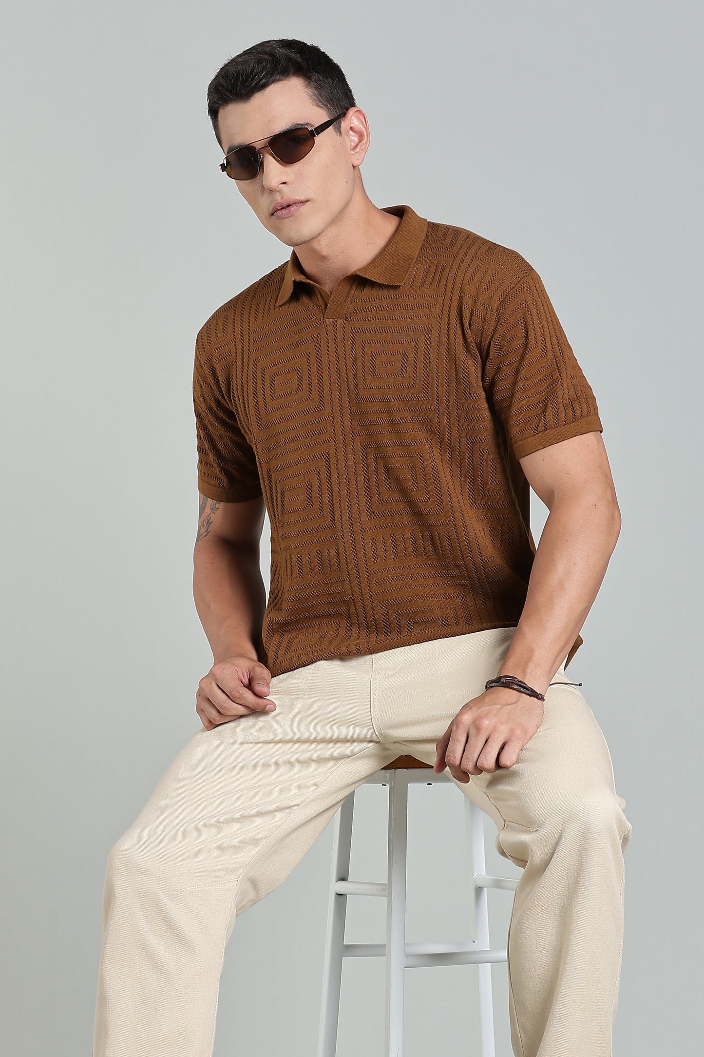 Oldlove Textured Geo-Knit Cinnamon Brown Polo Shirt