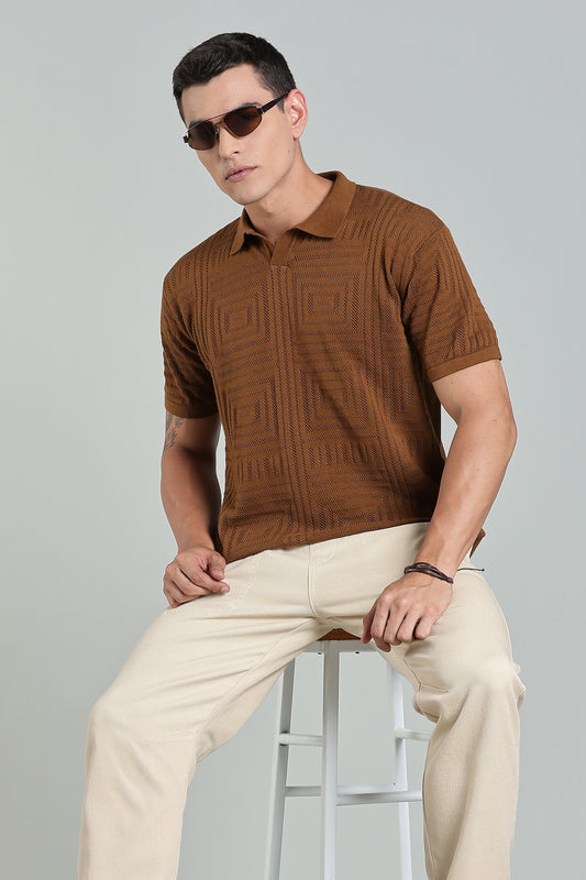 Oldlove Textured Geo-Knit Cinnamon Brown Polo Shirt