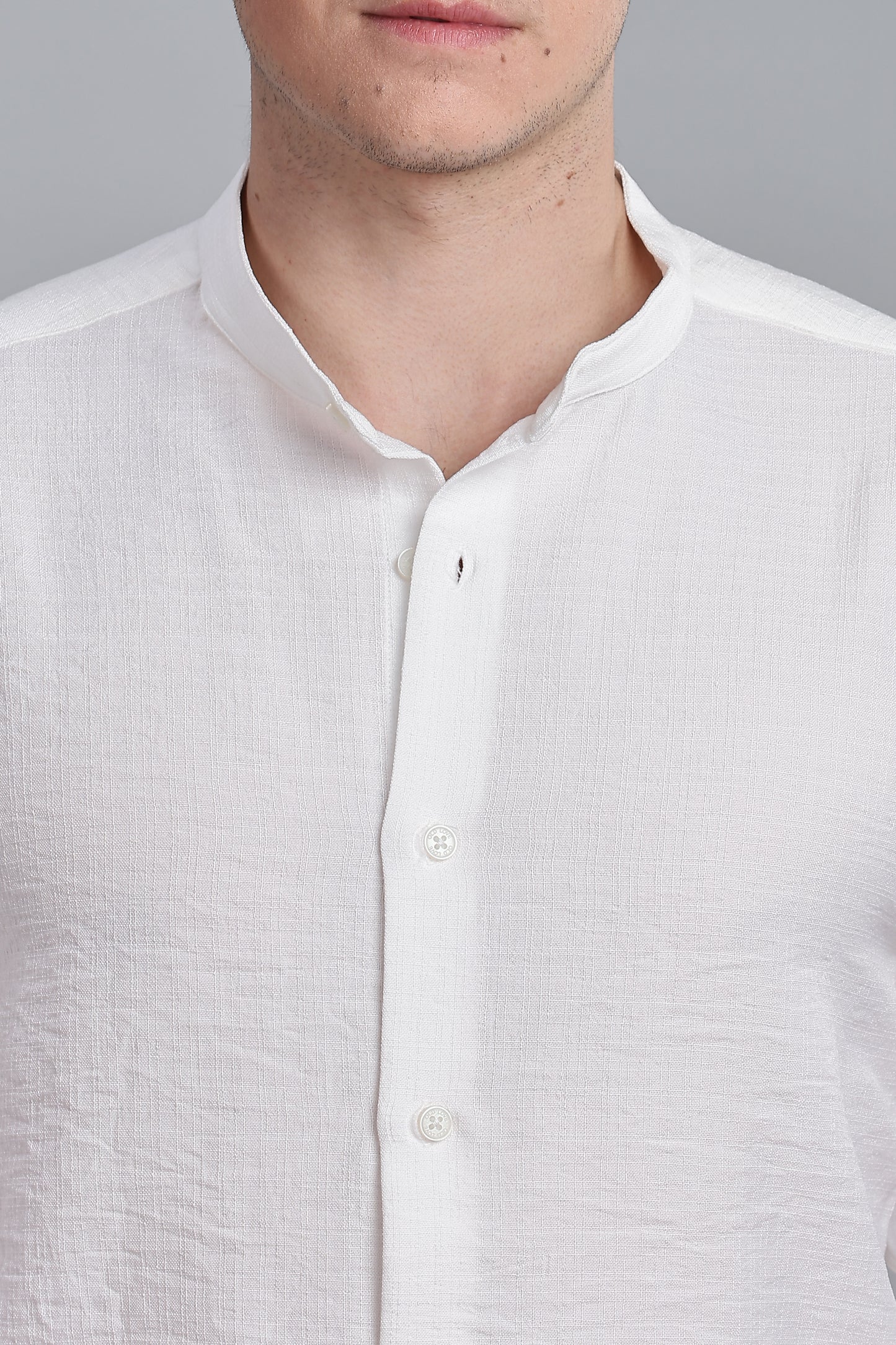 White Linen Blend Mandarin Collar Shirt
