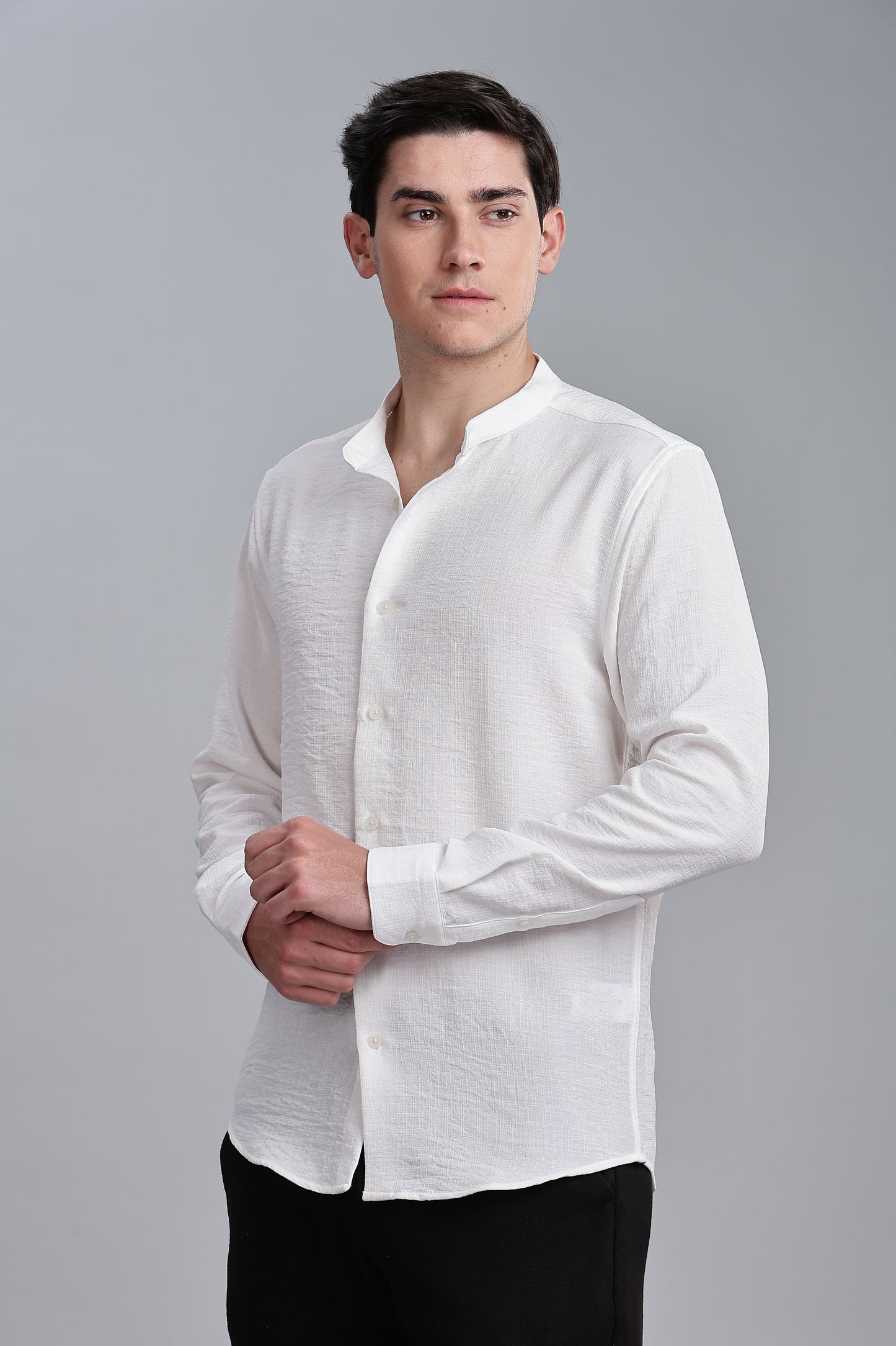 White Linen Blend Mandarin Collar Shirt