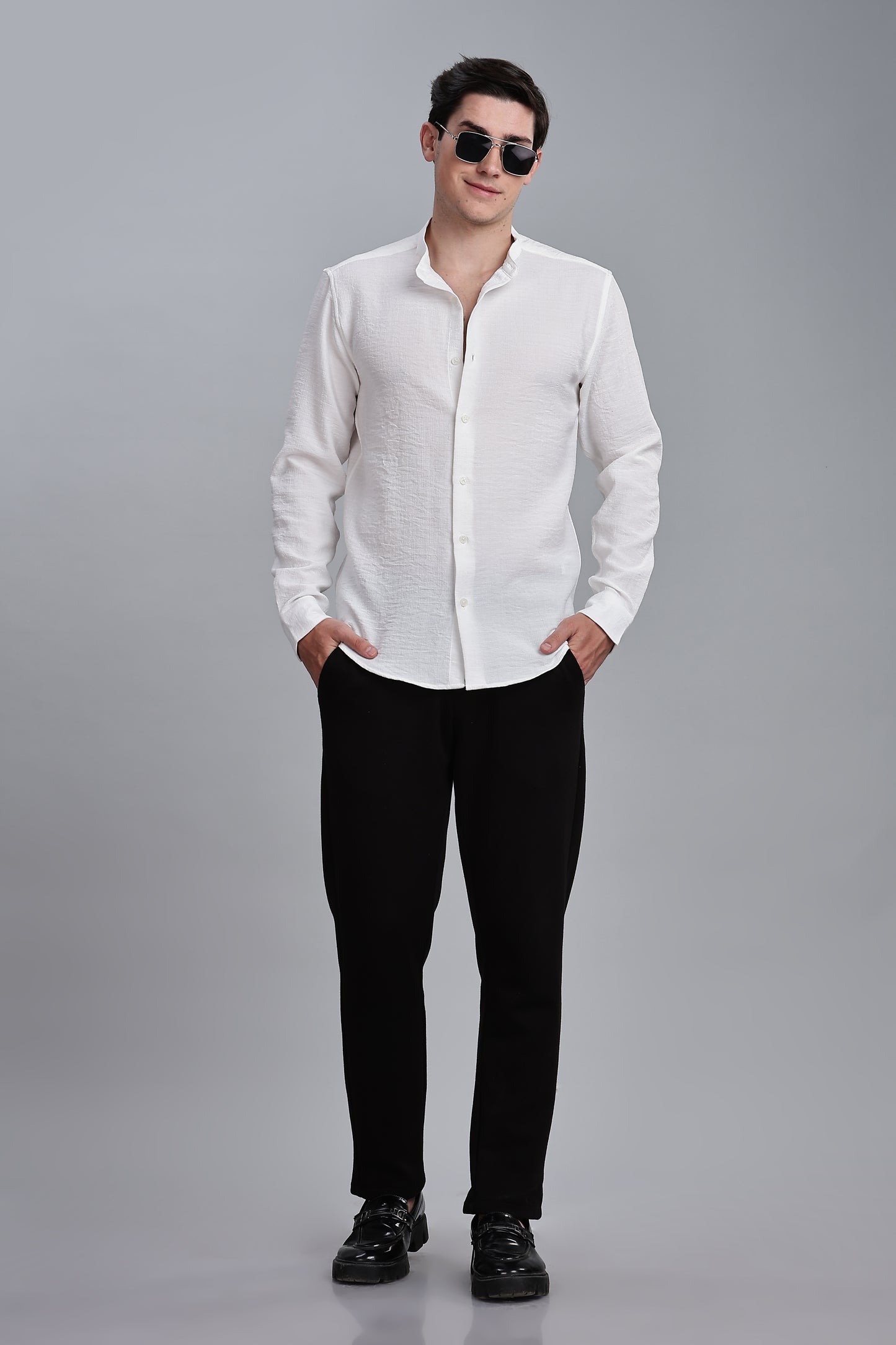 White Linen Blend Mandarin Collar Shirt
