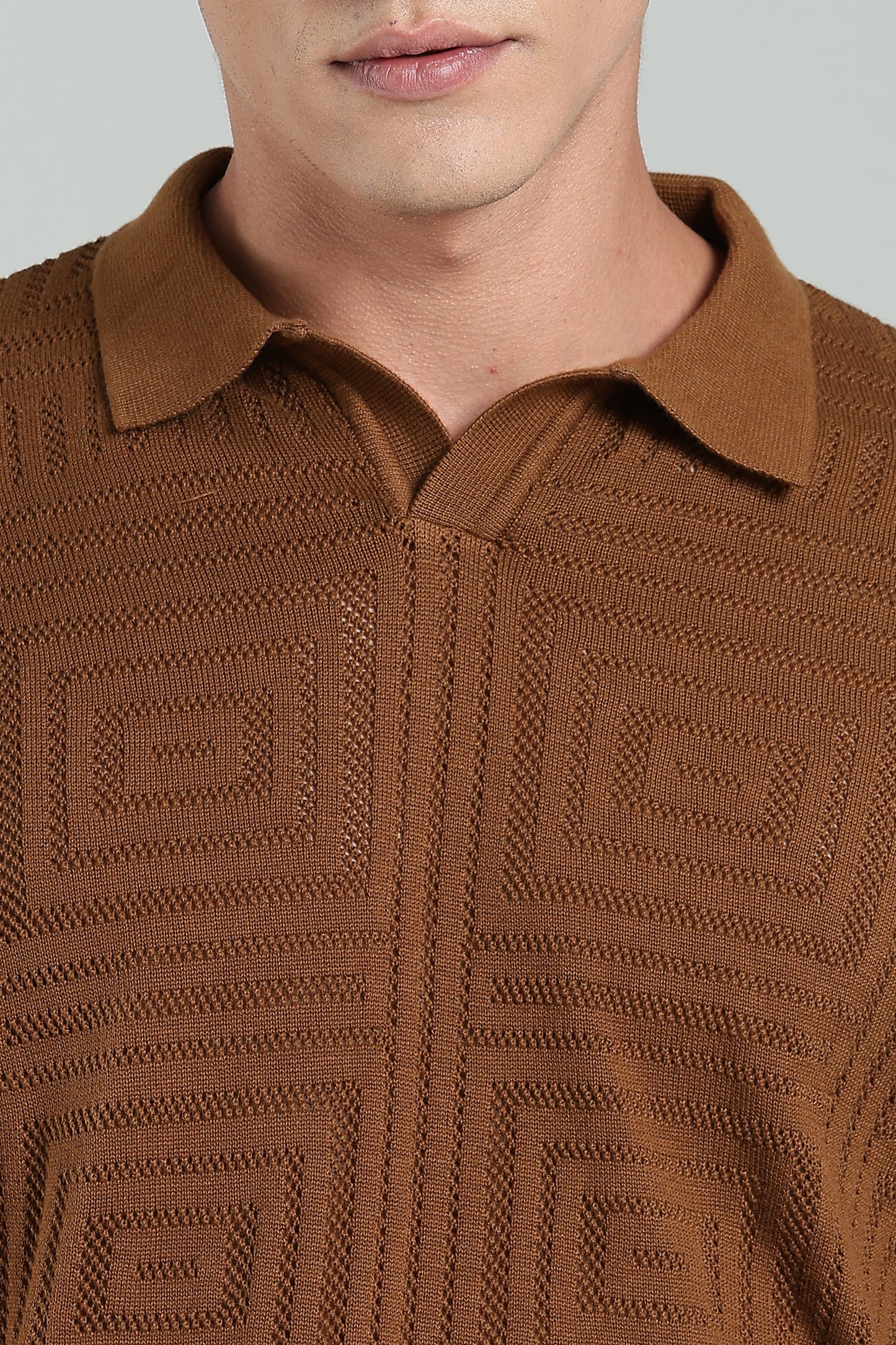 Oldlove Textured Geo-Knit Cinnamon Brown Polo Shirt