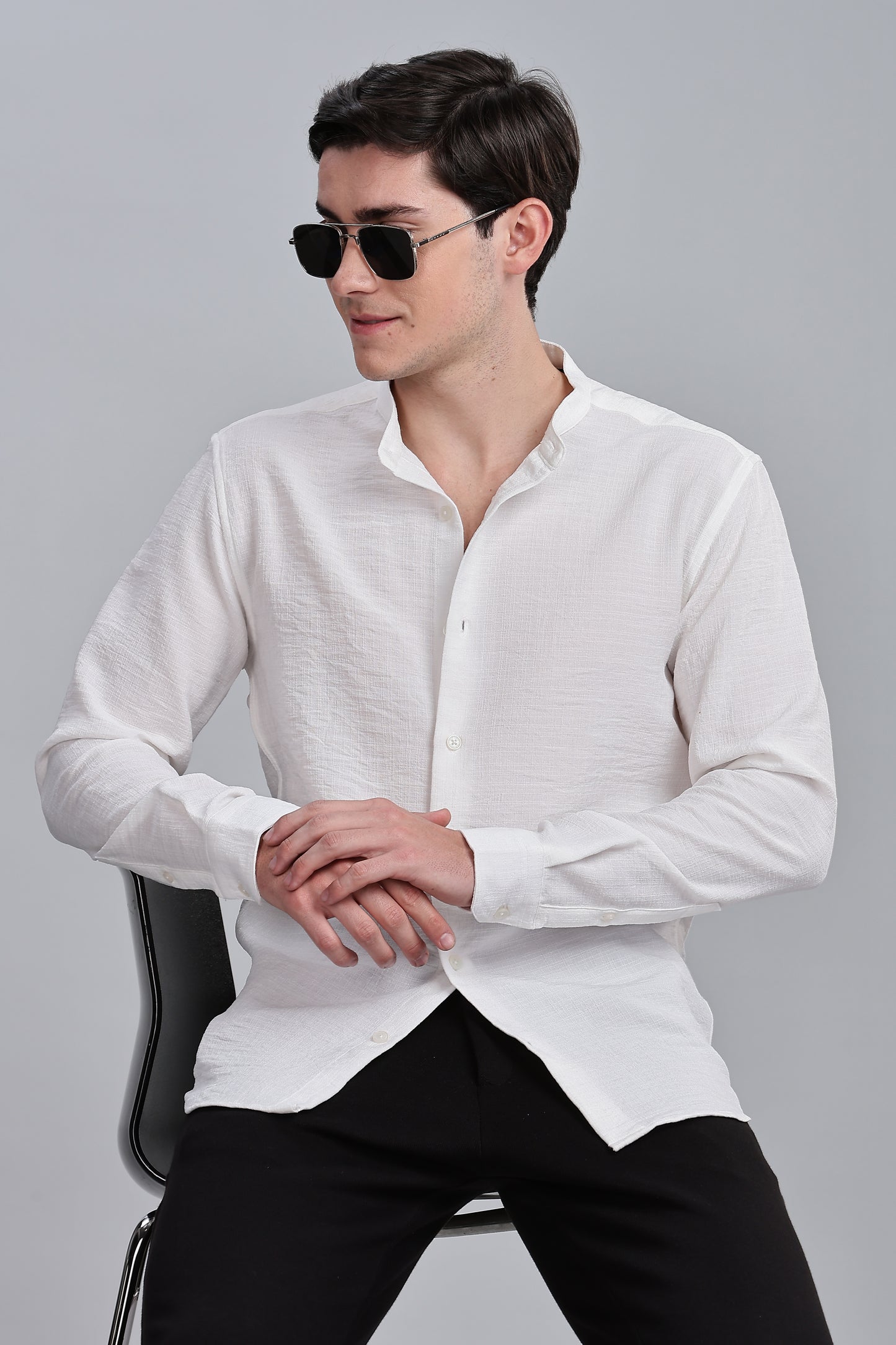 White Linen Blend Mandarin Collar Shirt