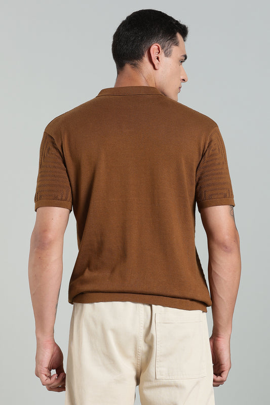 Oldlove Textured Geo-Knit Cinnamon Brown Polo Shirt