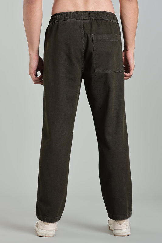 Oldlove Army Green Easy-Fit Drawstring Denim Trousers