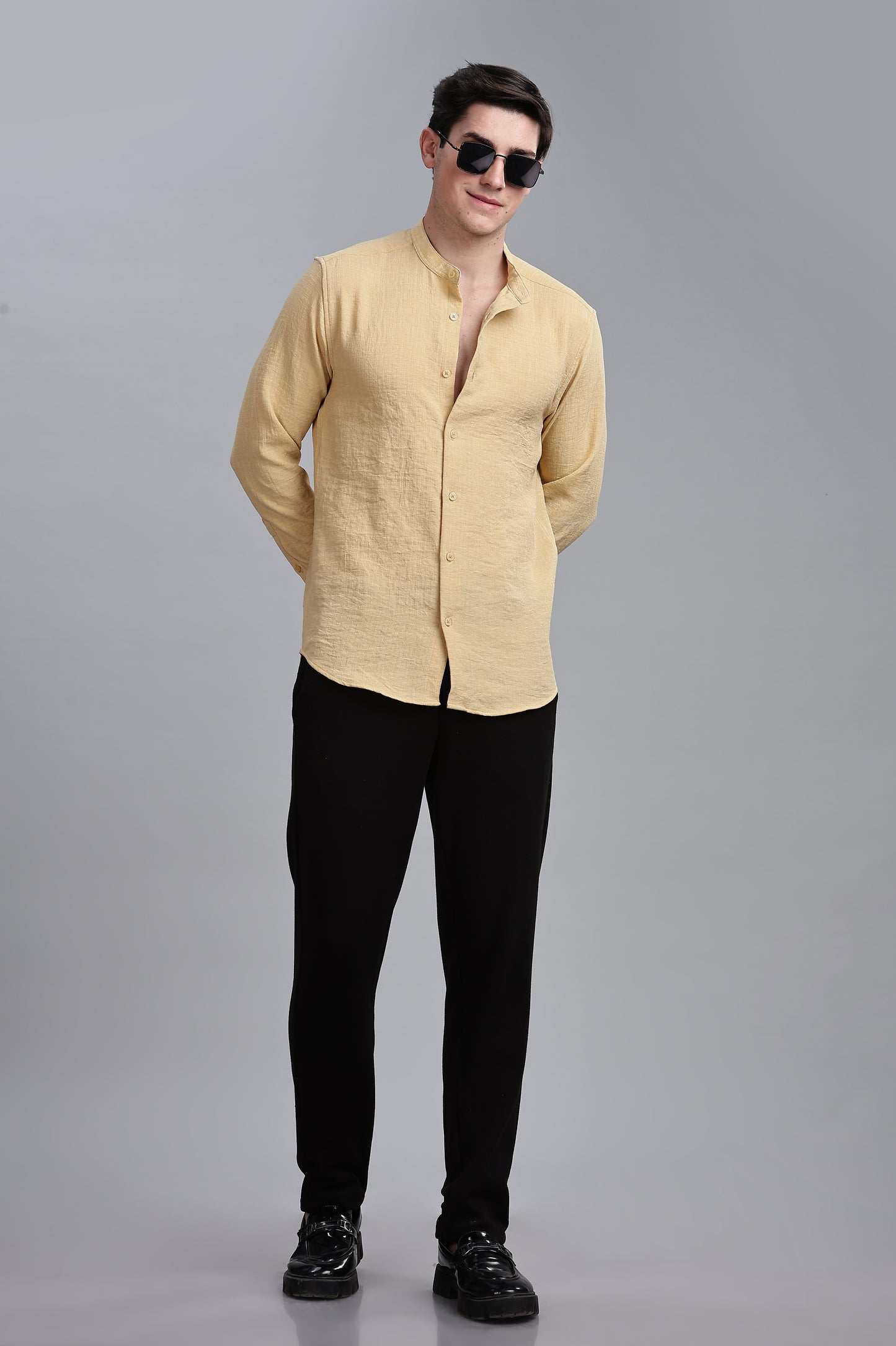 Yellow Linen Blend Mandarin Collar Shirt